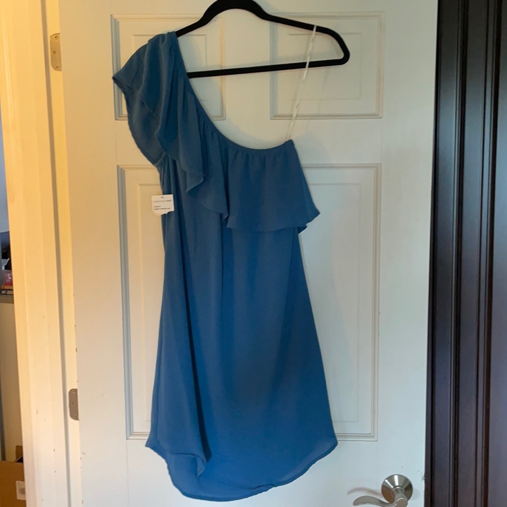 One shoulder dusty blue dress